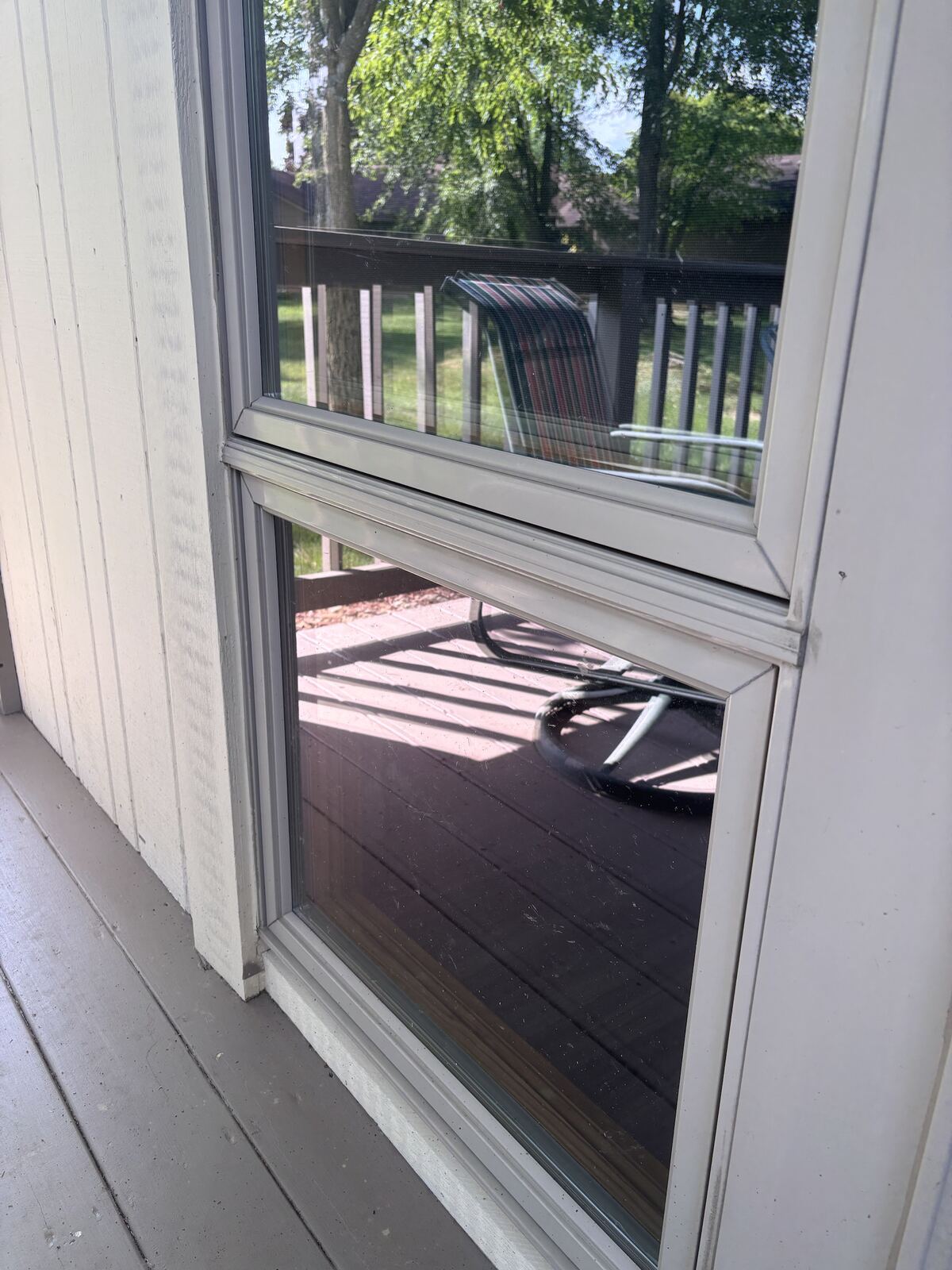 Clean window reflecting the yard