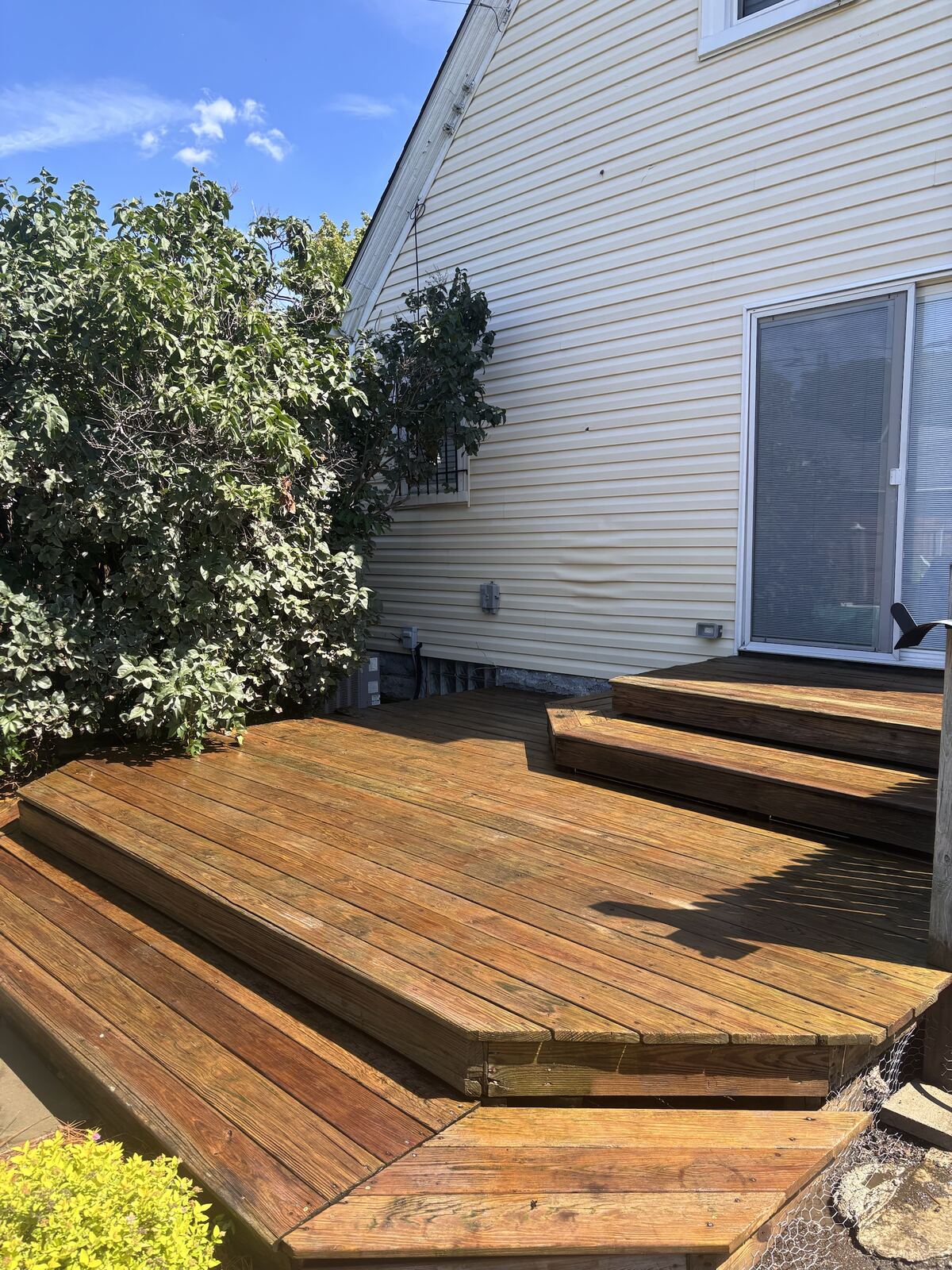 Freshly power-washed wood deck